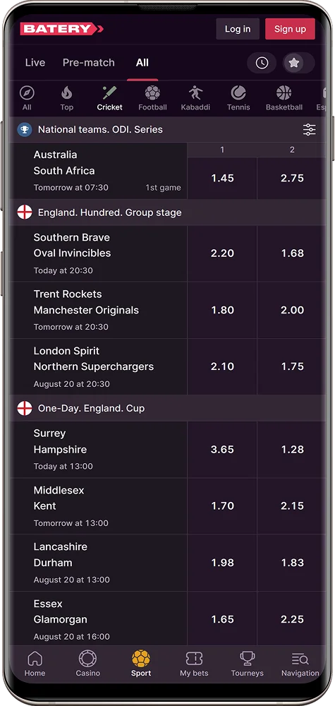 Screenshot of Batery Bet IN sporting events