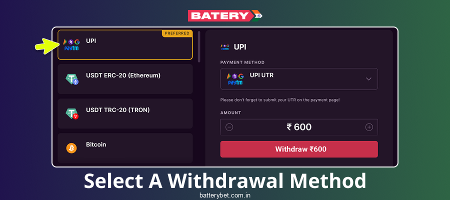 Select Batery Bet India Withdrawal Method