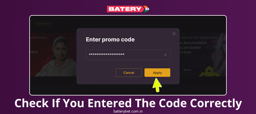 Check the correctness of the promo code in Batery Bet IN