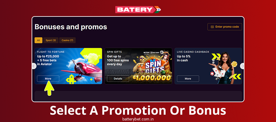 Choose a bonus at Batery Bet IN